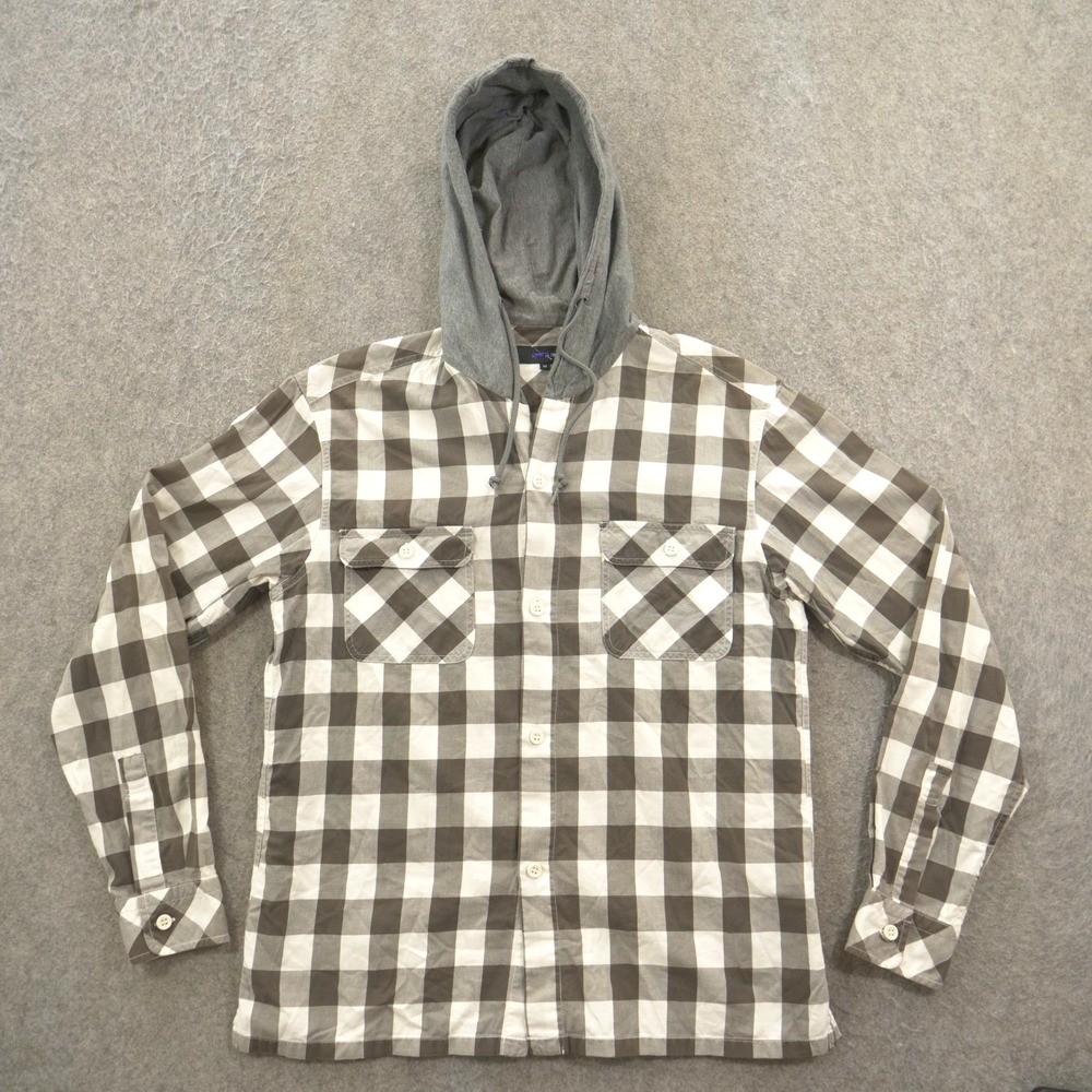 Comme Ca Ism Shirt Mens Medium Gray Button Up Hooded Long Sleeve Streetwear